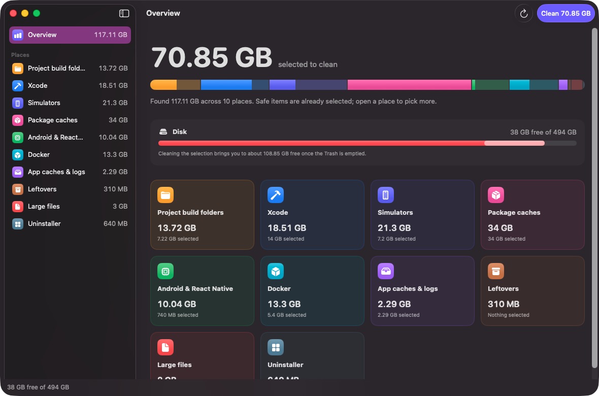 يعثر DevSweep على بيانات Xcode والمحاكيات وnode_modules وذاكرة Gradle وDocker المؤقتة، ويخبرك ما هو كل عنصر، وينقل ما تختاره إلى سلة المهملات.