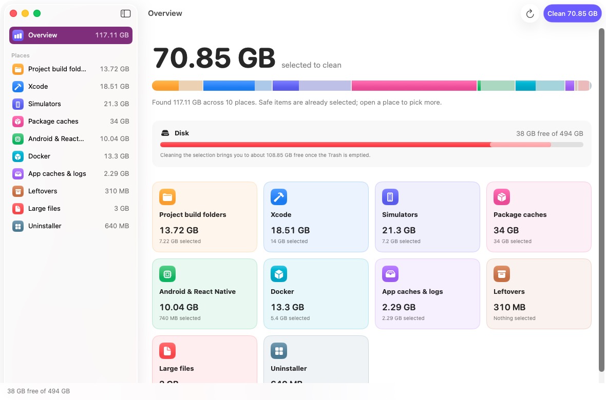يعثر DevSweep على بيانات Xcode والمحاكيات وnode_modules وذاكرة Gradle وDocker المؤقتة، ويخبرك ما هو كل عنصر، وينقل ما تختاره إلى سلة المهملات.